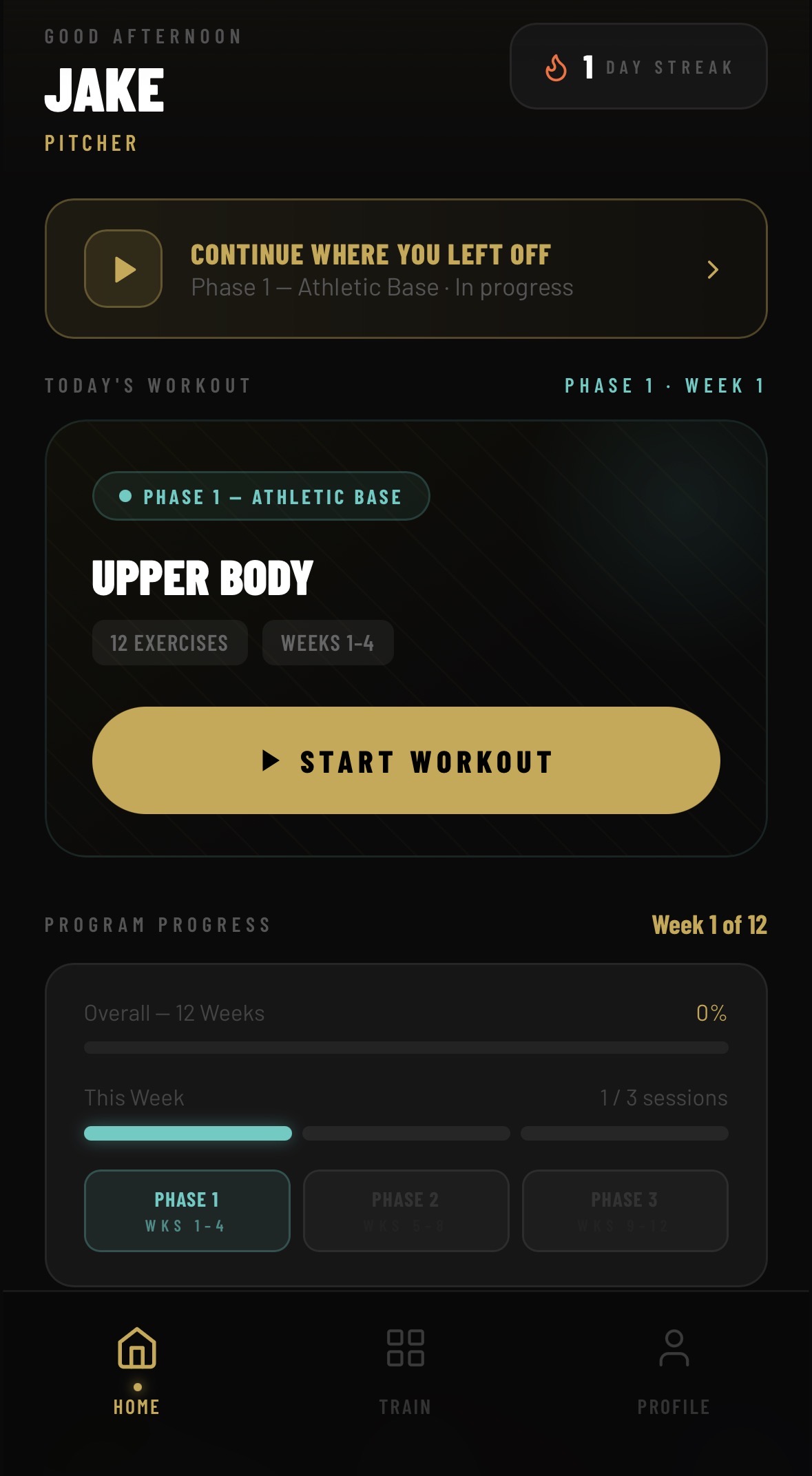 Pupilo home screen — daily workout, streak, program progress