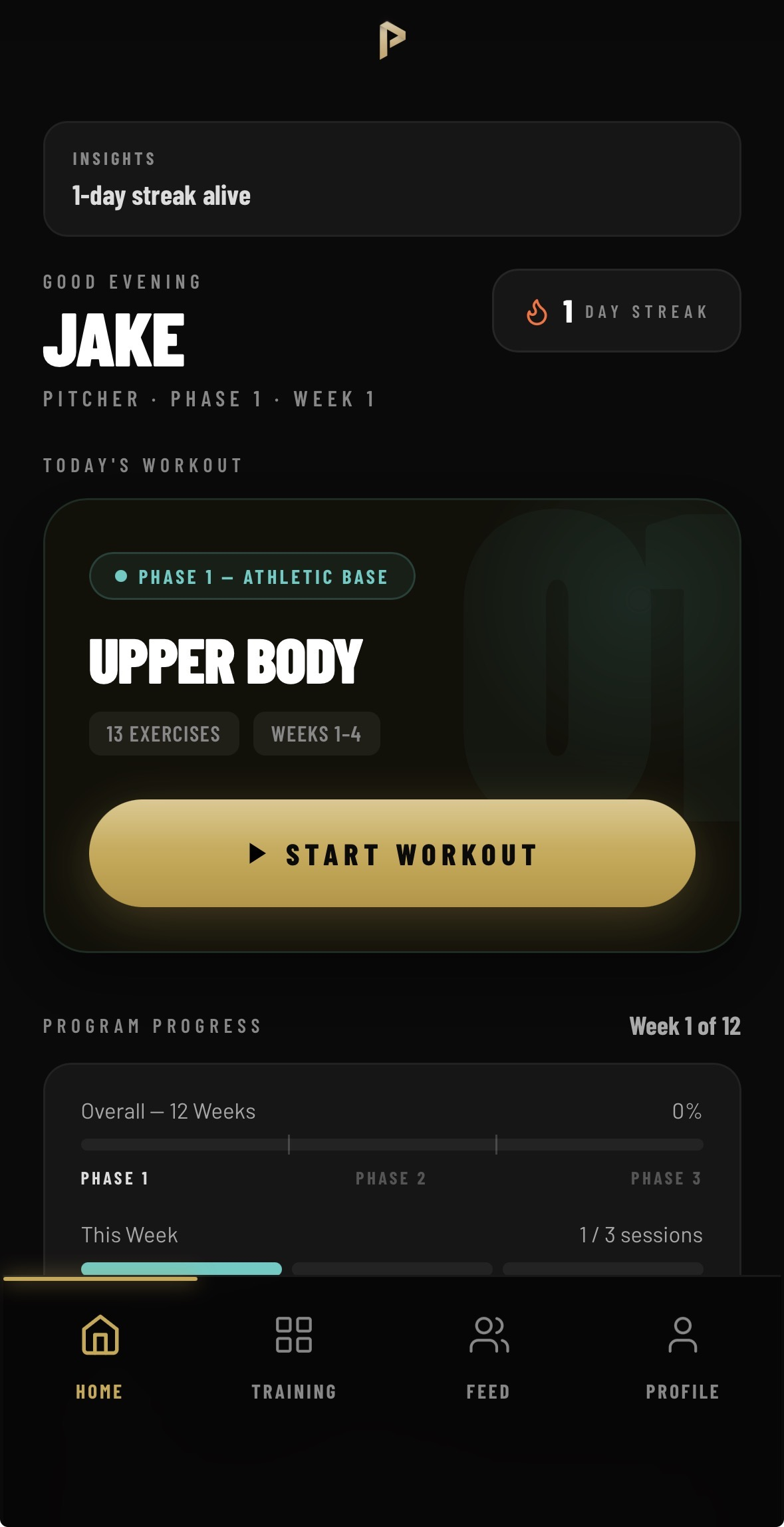 Pupilo home screen — daily workout, streak, program progress