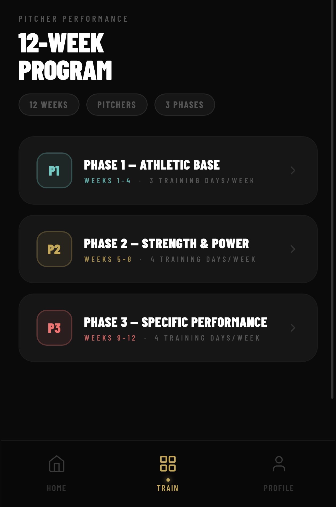 Pupilo program screen showing 12-week pitcher performance phases