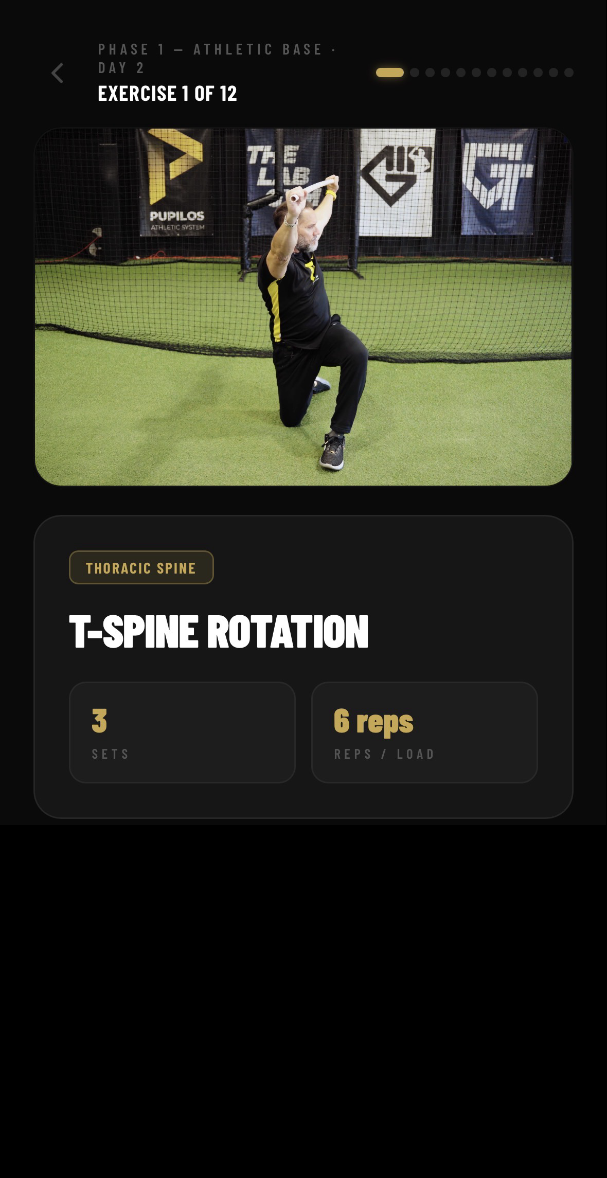 Pupilo workout screen — T-Spine Rotation exercise